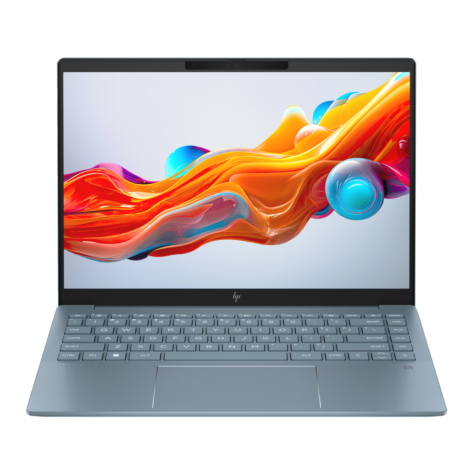 HP laptop with a colorful abstract wallpaper on the screen, featuring a backlit keyboard and sleek design.