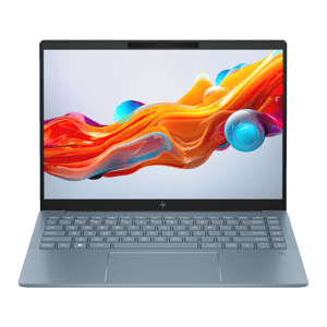 HP laptop with a colorful abstract wallpaper on the screen, featuring a backlit keyboard and sleek design.