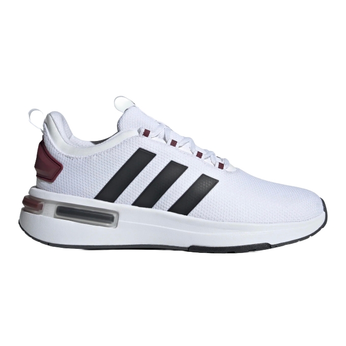 A white athletic sneaker with black three-stripe branding and burgundy accents, featuring a cushioned sole and mesh fabric upper.