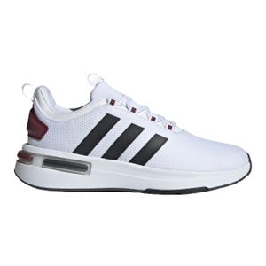 A white athletic sneaker with black three-stripe branding and burgundy accents, featuring a cushioned sole and mesh fabric upper.