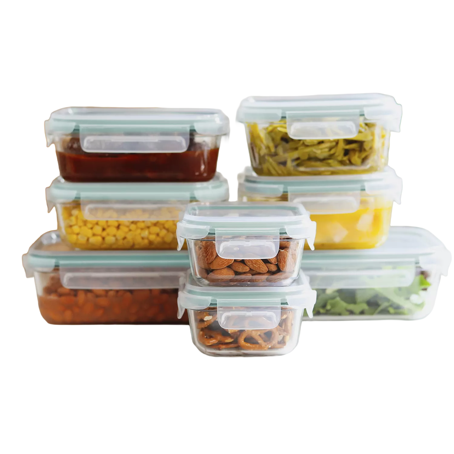 A collection of clear, airtight food storage containers filled with various foods such as nuts, corn, and vegetables, featuring snap-lock lids for secure sealing.