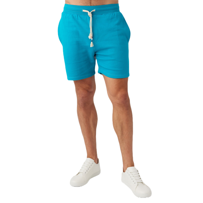 Turquoise shorts with a drawstring waistband, slightly above-knee length, paired with white sneakers.