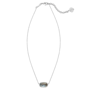 A silver chain necklace featuring an oval-shaped iridescent stone pendant, framed with small clear crystals. The clasp includes an extension chain with a branded charm.