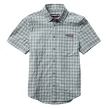 Gray checkered short-sleeve button-up shirt with a spread collar and a chest pocket, featuring a small logo above the pocket.