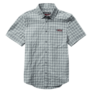 Gray checkered short-sleeve button-up shirt with a spread collar and a chest pocket, featuring a small logo above the pocket.