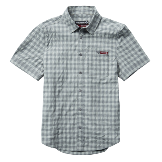 Gray checkered short-sleeve button-up shirt with a spread collar and a chest pocket, featuring a small logo above the pocket.