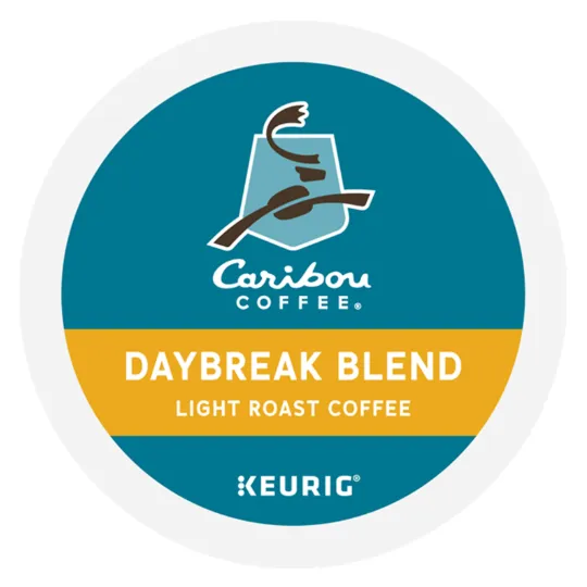 Caribou Coffee Daybreak Blend K-Cup, light roast, compatible with Keurig machines.