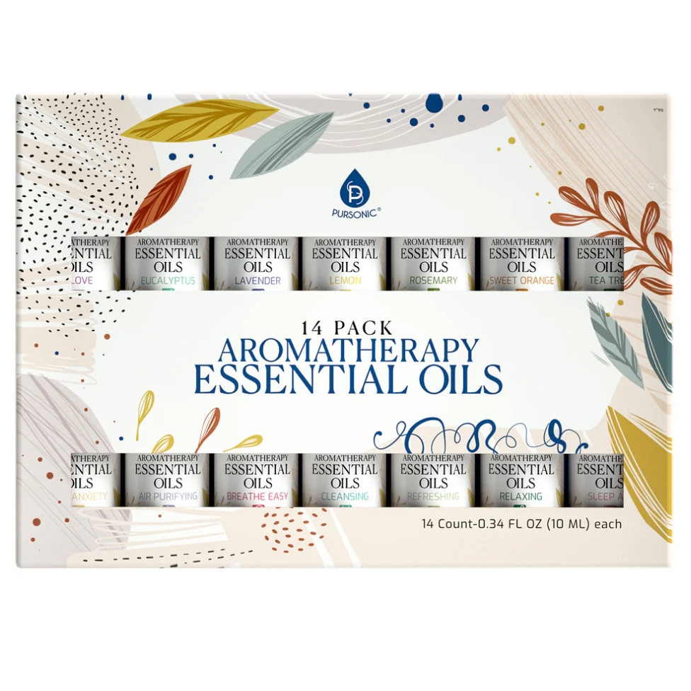 Pursonic 14-pack Aromatherapy Essential Oils includes clove, eucalyptus, lavender, lemon, rosemary, sweet orange, tea tree, anxiety, air purifying, breathe easy, cleansing, refreshing, relaxing, and sleep blends, each in 0.34 fl oz (10 mL) bottles.