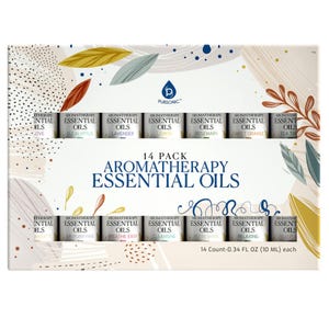 Pursonic 14-pack Aromatherapy Essential Oils includes clove, eucalyptus, lavender, lemon, rosemary, sweet orange, tea tree, anxiety, air purifying, breathe easy, cleansing, refreshing, relaxing, and sleep blends, each in 0.34 fl oz (10 mL) bottles.