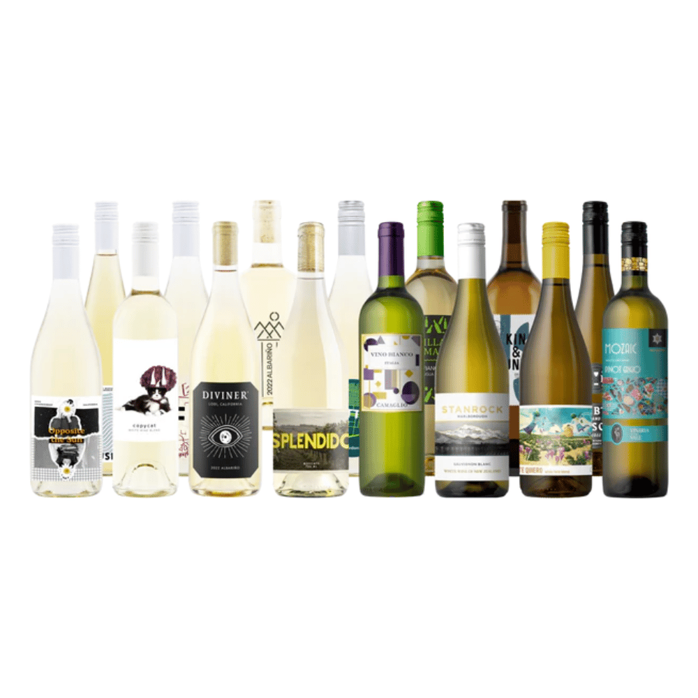 A variety of white wine bottles with diverse labels and designs, featuring brands and types such as Albarino, Pinot Grigio, and Sauvignon Blanc.