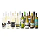 A variety of white wine bottles with diverse labels and designs, featuring brands and types such as Albarino, Pinot Grigio, and Sauvignon Blanc.