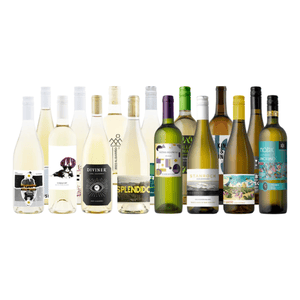 A variety of white wine bottles with diverse labels and designs, featuring brands and types such as Albarino, Pinot Grigio, and Sauvignon Blanc.