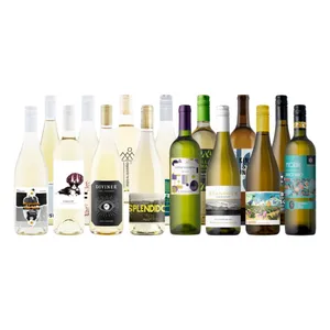 A variety of white wine bottles with diverse labels and designs, featuring brands and types such as Albarino, Pinot Grigio, and Sauvignon Blanc.