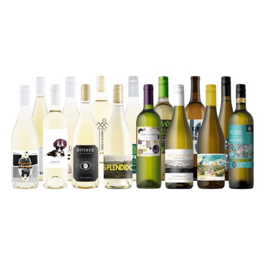 A variety of white wine bottles with diverse labels and designs, featuring brands and types such as Albarino, Pinot Grigio, and Sauvignon Blanc.