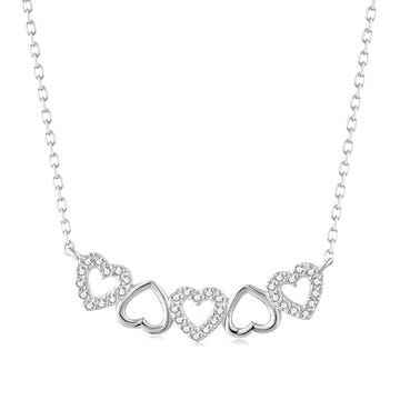 A necklace featuring five heart-shaped pendants with sparkling stones on a chain.