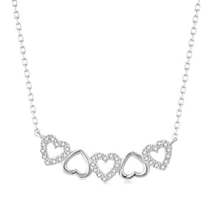 A necklace featuring five heart-shaped pendants with sparkling stones on a chain.