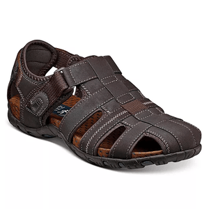 Brown men's closed-toe leather sandal with crisscross straps and adjustable buckle, featuring a cushioned footbed and durable rubber outsole.