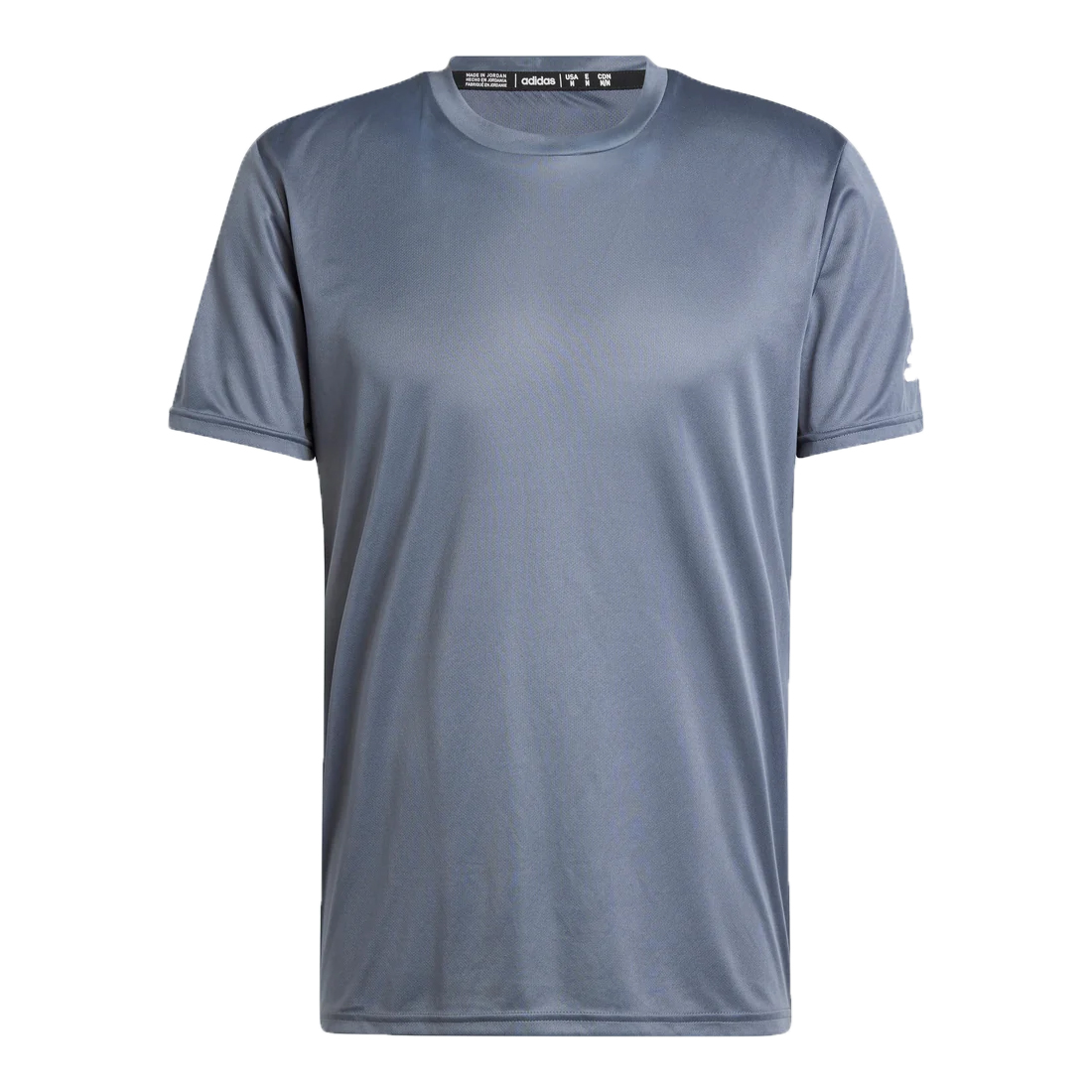 A gray Adidas Clima Tech Tee featuring short sleeves and a round neckline, designed for performance with lightweight, breathable fabric.