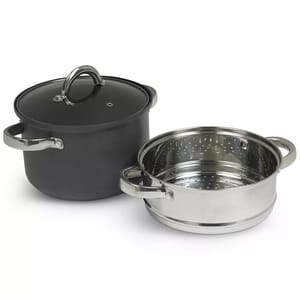 A black cooking pot with a lid and a silver metal steamer insert.
