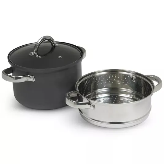 A black cooking pot with a lid and a silver metal steamer insert.