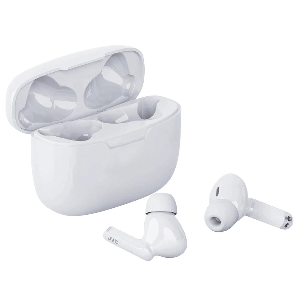 JVC wireless earbuds in white with a compact charging case, featuring an in-ear design and slim stems.
