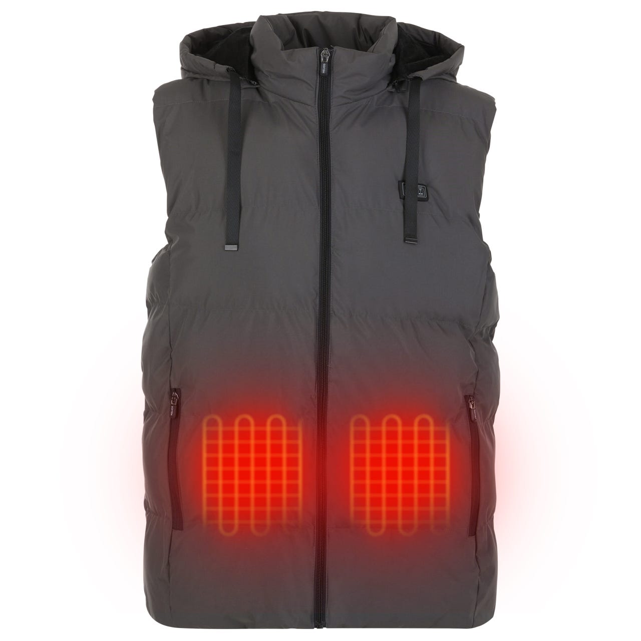 A grey sleeveless vest with a built-in heating system, indicated by glowing red elements on the chest area.