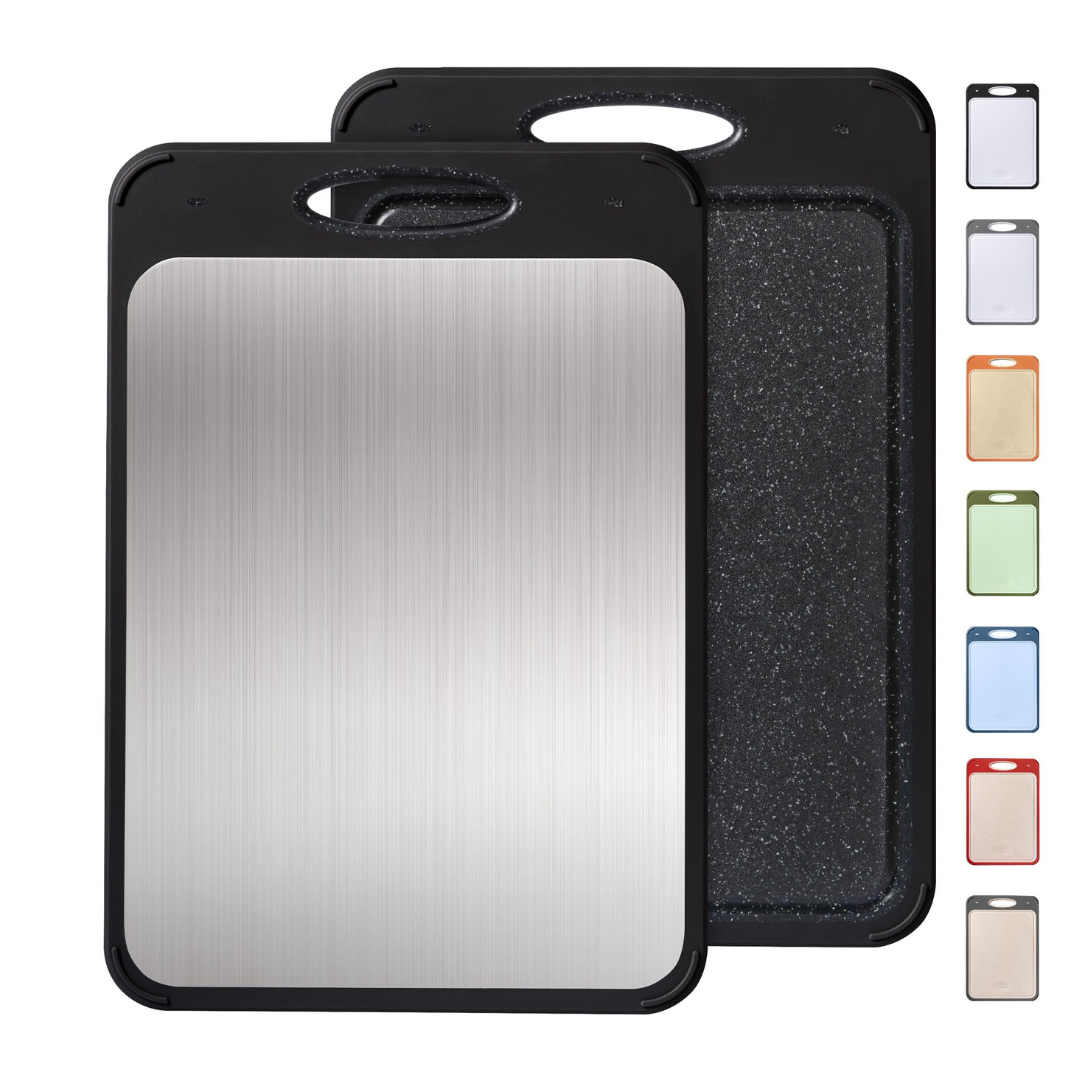 Dual-sided cutting board with a stainless steel surface and textured black back, available in various colors.