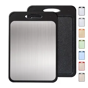 Dual-sided cutting board with a stainless steel surface and textured black back, available in various colors.