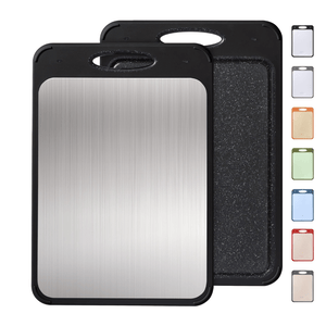 Dual-sided cutting board with a stainless steel surface and textured black back, available in various colors.