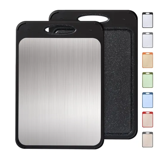 Dual-sided cutting board with a stainless steel surface and textured black back, available in various colors.