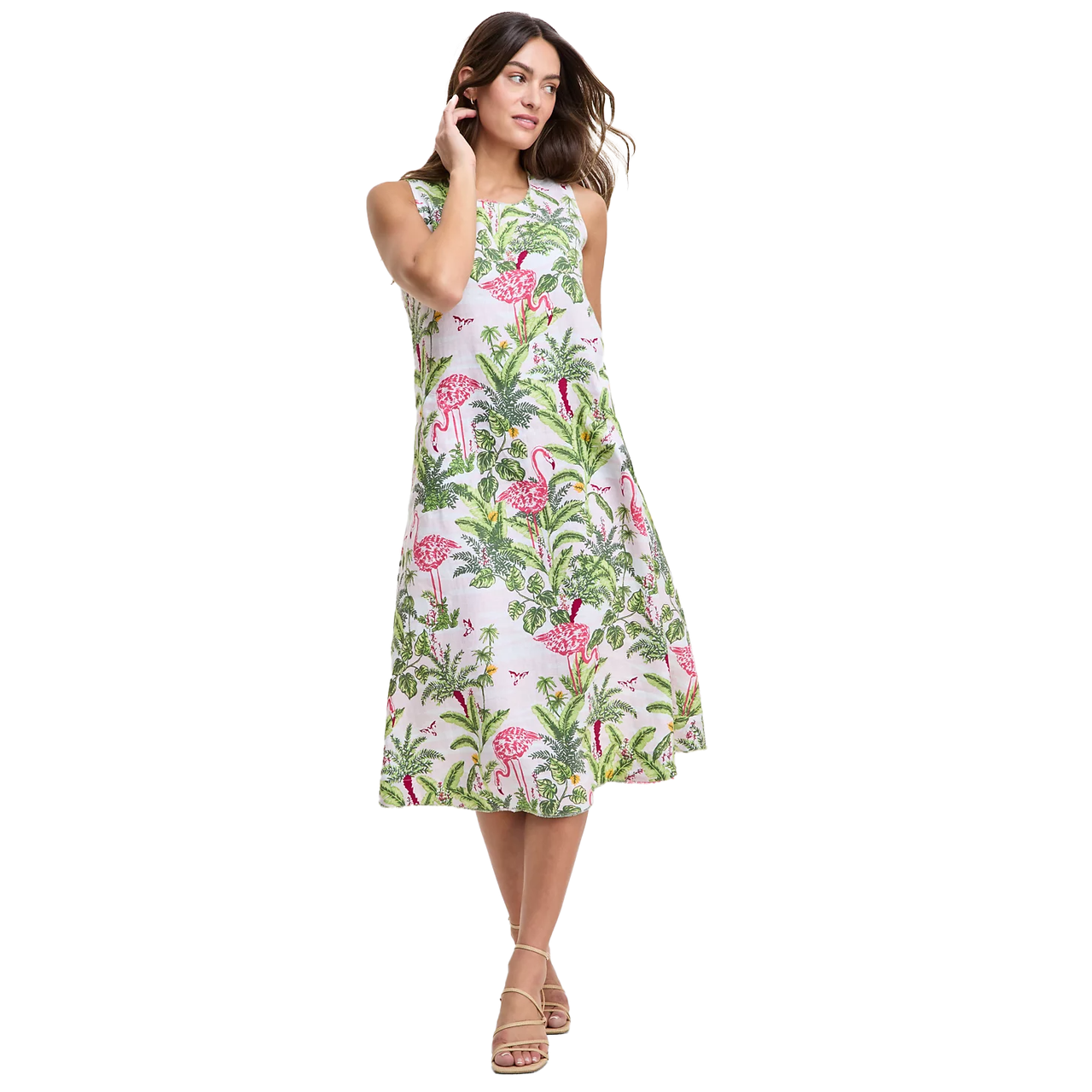 Sleeveless midi dress with a tropical flamingo and palm tree print on white, made from 100% linen. Features a relaxed fit and pairs with strappy sandals.