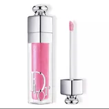 Pink lip gloss with shimmering finish, in a sleek cylindrical transparent container featuring silver accents and an applicator wand.