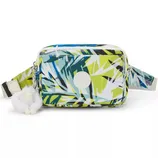 Colorful hip pack with an abstract leaf pattern in green, blue, and yellow, featuring a front pocket, adjustable strap, and a plush white charm.