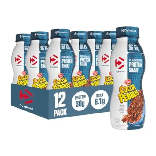 Dymatize Performance Protein Shakes featuring Cocoa Pebbles flavor, with 30g of protein and 6.1g BCAAs per serving. The pack contains 12 bottles.