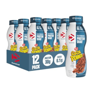 Dymatize Performance Protein Shakes featuring Cocoa Pebbles flavor, with 30g of protein and 6.1g BCAAs per serving. The pack contains 12 bottles.