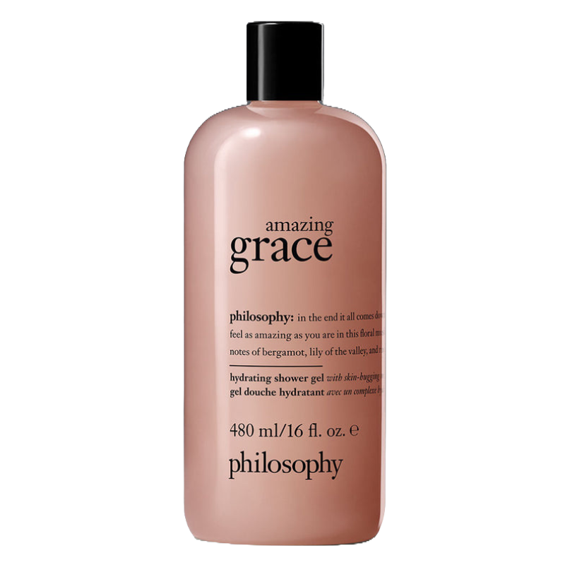 Amazing Grace Hydrating Shower Gel by Philosophy is a 480 ml/16 fl. oz. bottle, featuring a floral scent with notes of bergamot and lily of the valley, designed to hydrate the skin.