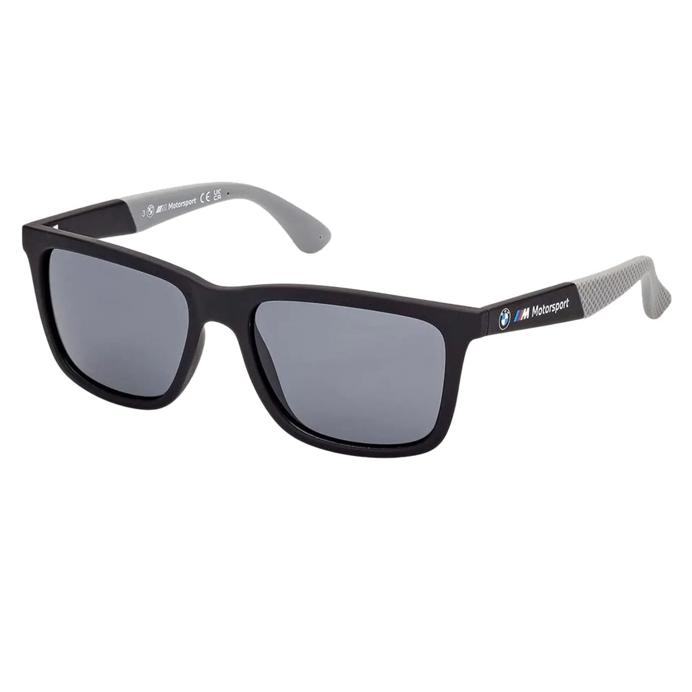 Black sunglasses featuring the BMW M Motorsport logo, with grey textured arms.