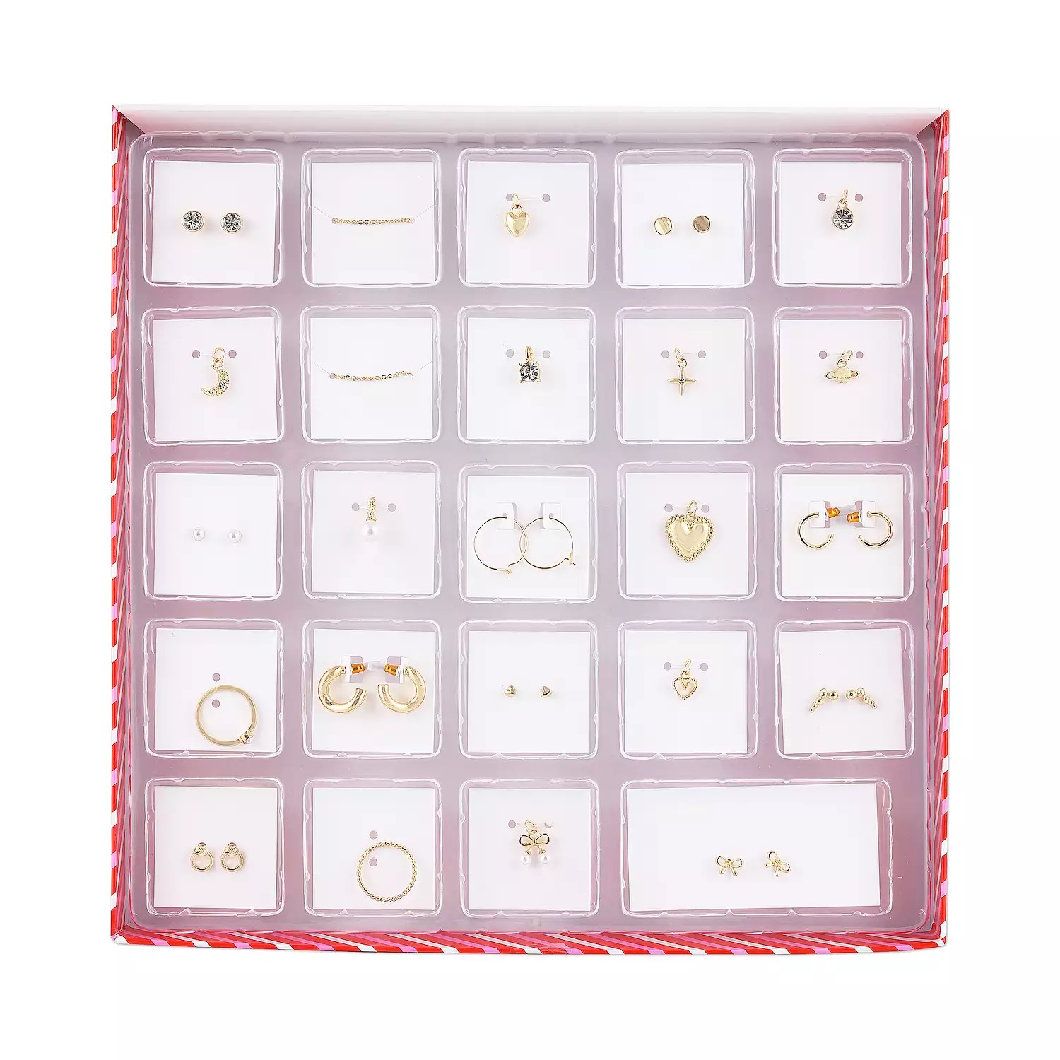 Jewelry Advent Calendar with 24 compartments featuring a mix of earrings and necklaces in various designs, including hearts, hoops, and studs, in gold and silver tones.