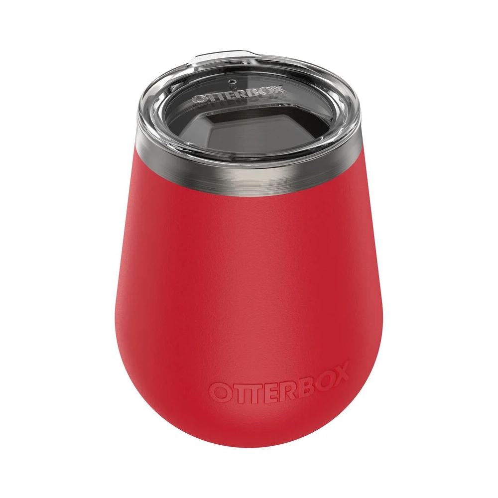 Red OtterBox 10oz Wine Tumbler with a stainless steel body and a clear, snap-on lid featuring the OtterBox logo.