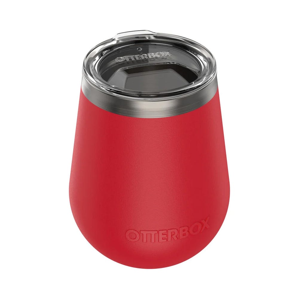Red OtterBox 10oz Wine Tumbler with a stainless steel body and a clear, snap-on lid featuring the OtterBox logo.
