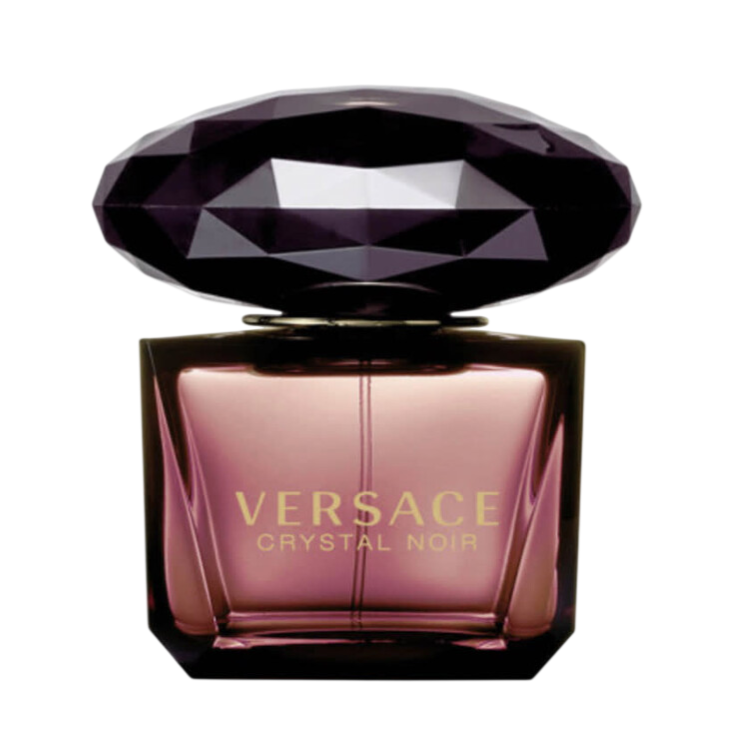 Versace Crystal Noir perfume bottle with a dark, faceted cap and a pinkish-purple glass design.