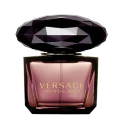 Versace Crystal Noir perfume bottle with a dark, faceted cap and a pinkish-purple glass design.