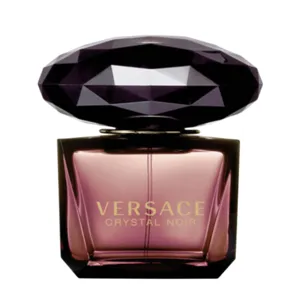 Versace Crystal Noir perfume bottle with a dark, faceted cap and a pinkish-purple glass design.