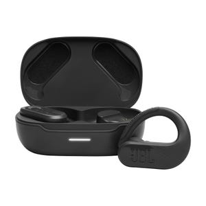 JBL Endurance Headphones are wireless earbuds with an ear hook design, displayed in an open charging case. They are black and feature \“JBL\“ branding for secure and active use.