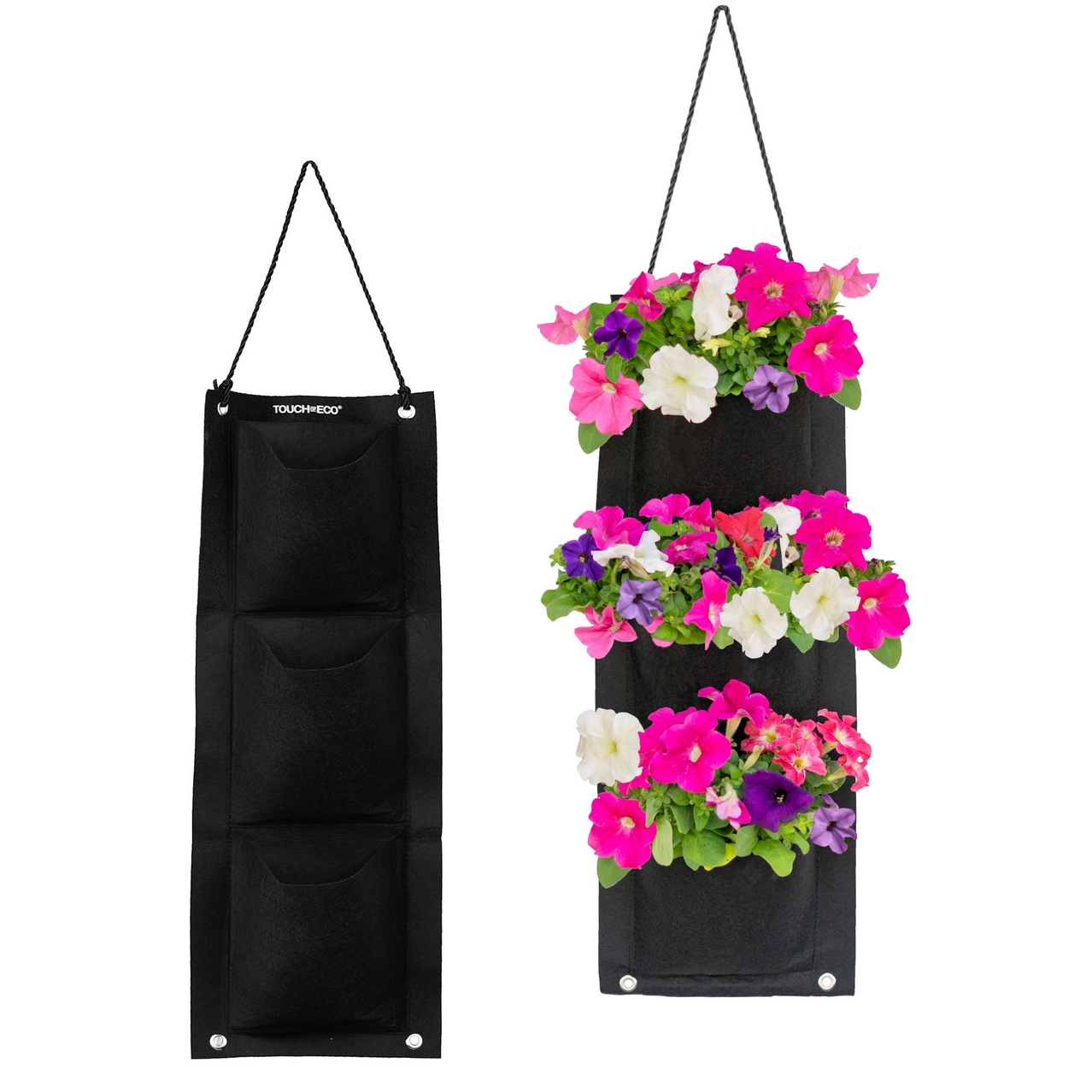 2pk Hanging Garden Planter Bag with three pockets features black fabric, metal grommets, and rope for hanging. One bag displays colorful blooms of pink, white, and purple flowers.
