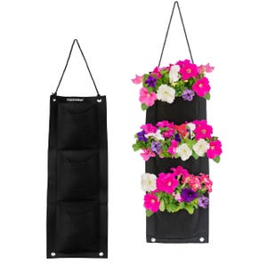 2pk Hanging Garden Planter Bag with three pockets features black fabric, metal grommets, and rope for hanging. One bag displays colorful blooms of pink, white, and purple flowers.