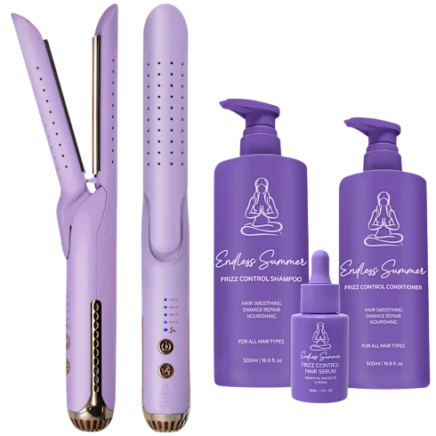 Purple hair styling set with a straightener and three hair care products: Frizz Control Shampoo (500ml), Conditioner (500ml), and Hair Serum (100ml), featuring a meditating figure logo.