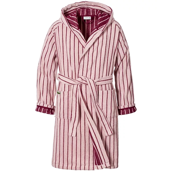 Striped hooded bathrobe in red and cream colors with a belt and front pockets.