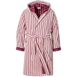 Striped hooded bathrobe in red and cream colors with a belt and front pockets.