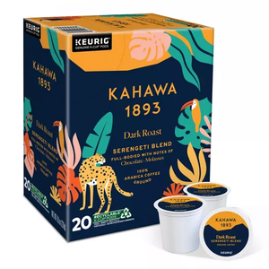 Keurig Kahawa 1893 Dark Roast Serengeti Blend K-Cups (20 count) feature a full-bodied coffee with notes of chocolate and molasses. Made with 100% Arabica coffee, the pods are recyclable. The packaging has a vibrant design with wildlife and foliage.